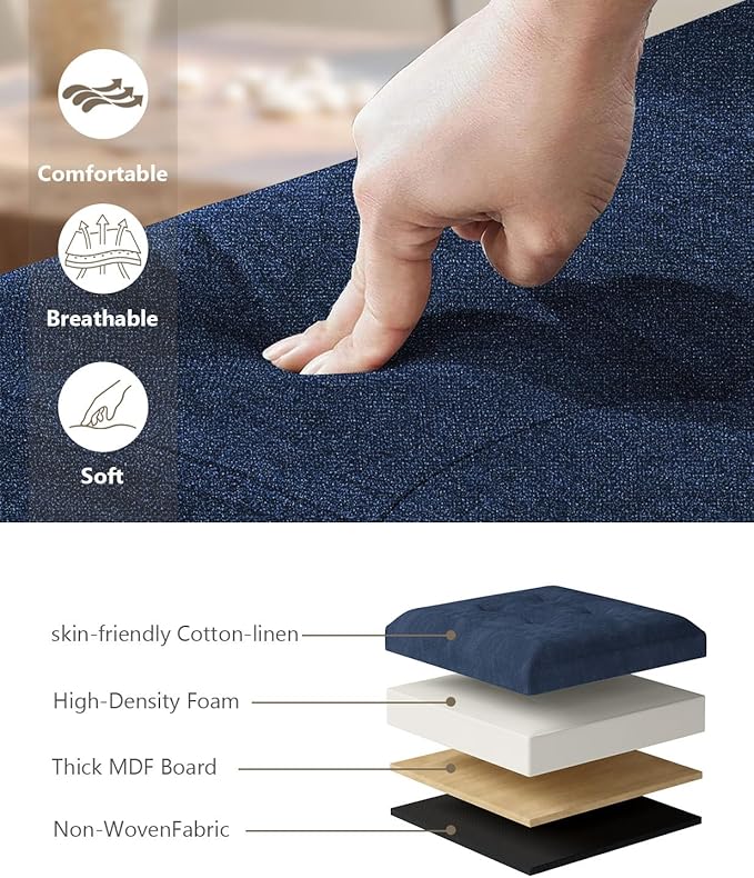 Folding Storage Ottoman Bench, Multi-Functional Ottoman Footrest, End of Bed Bench, Storage Chest for Living Room, Bedroom, Hallway, Entryway, Holds Up to 300 lbs (Navy Blue, 15 Inches)