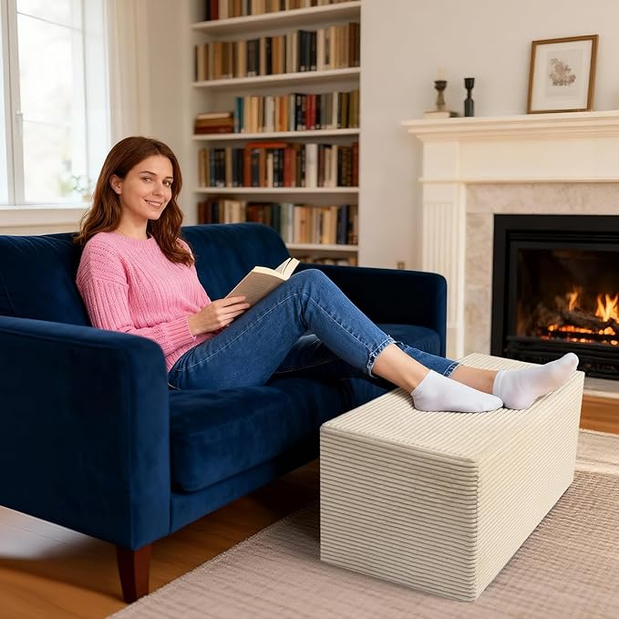 Rectangular Stuffed Pouf Ottoman with Foam Chunk Filling, Coral Fleece and Furry Fabric Design, Multi-Functional Floor Pouf for Living Room, Beige