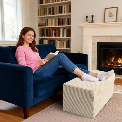 Rectangular Stuffed Pouf Ottoman with Foam Chunk Filling, Coral Fleece and Furry Fabric Design, Multi-Functional Floor Pouf for Living Room, Beige