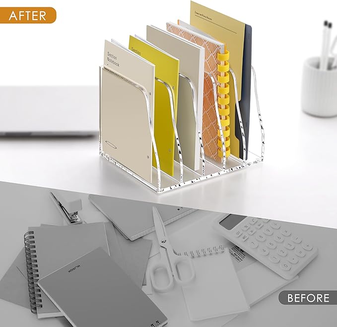YUXUN Clear Acrylic File Folder Holder - 5 Vertical Compartments Desk Document Sorter, Upright Magazine Rack for Office/Home/Classroom, Stores Documents, Tablets, Magazines, Books & Accessories