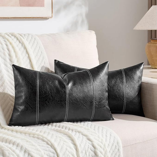 Fancy Homi 2 Packs Black Long Lumbar Faux Leather Decorative Throw Pillow Covers 14x24 Inch for Living Room Couch Bed Sofa, Boho Farmhouse Home Decor, Hand Stitched Rectangle Cushion Case 35x60 cm