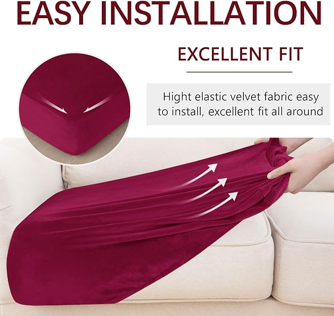 hyha Velvet Couch Cushion Covers, Soft Sofa Seat Covers for sectional 2 Cushion Couch Washable, Magic Sofa Slipcover with Elastic Bottom, Non-Slip Furniture Protector for Pets, Kid(2PC, Wine Red)