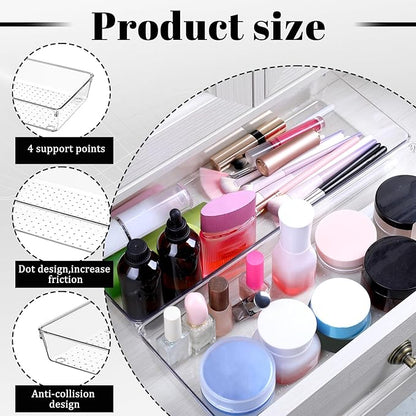 6 Pack Clear Drawer Organizer Trays 15 x 6 x 2 Inch Large Size Clear Plastic Desk Drawer Storage Bins Container Desk Drawers Divider Storage Bins for Utensils Junks Vanities Makeups Jewelry