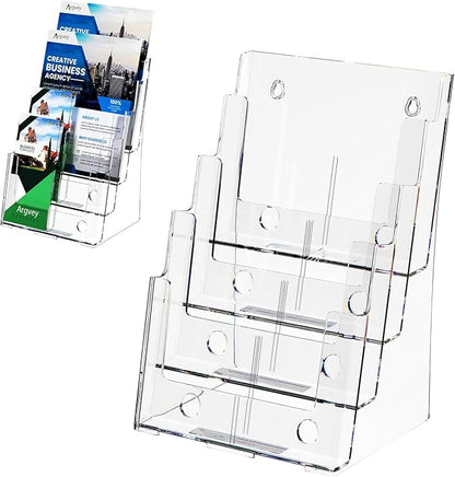 Argvey Acrylic Brochure Holder 8.5 x 11 inches, 4 Tier Clear Brochure Display Stand with Removable Divider for Trifold 4 Inches Wide Pamphlet, Plastic Flyer Holder for Magazine, Literature, Booklet