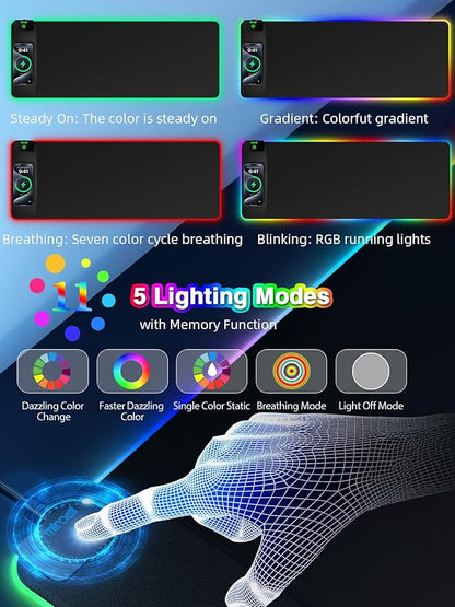 Wireless Charging Mouse Pad, 31.5"x11.81" XL Gaming Mousepad with 11 RGB Colors & 5 Lighting Modes, Home Office Large Desk Pad, Ultra-Smooth Surface, Non-Slip, Waterproof Keyboard Pad Black Desk Mat