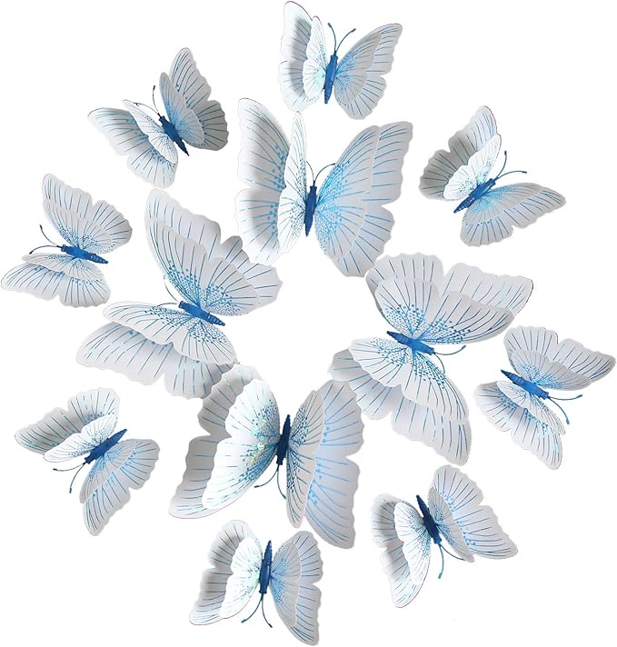 Somotersea 24Pcs 3D Butterfly Wall Decor Removable Butterfly Decoration for Girls Room Butterflies Decals Birthday Party Decorations Kids Bedroom Butterfly Stickers Magnets Blue and White