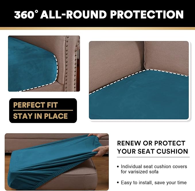 PrinceDeco Stretch Velvet Couch Cushion Covers, Soft Cushion Slipcover for Chair Loveseat Sofa Cushion Furniture Protector Seat Cushion Sofa Cover(Each Width Up to 29.5" Deep Teal)
