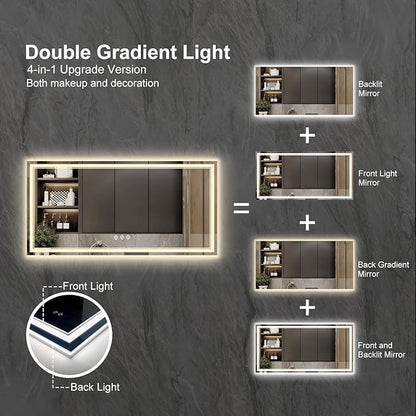 LED Bathroom Mirror with Lights, 72x36 Inch Gradient Front and Backlight LED Mirror, 3 Colors Dimmable CRI>90 Double Light, IP54 Enhanced Anti-Fog, Hanging Plates Wall Mount Bathroom Mirror