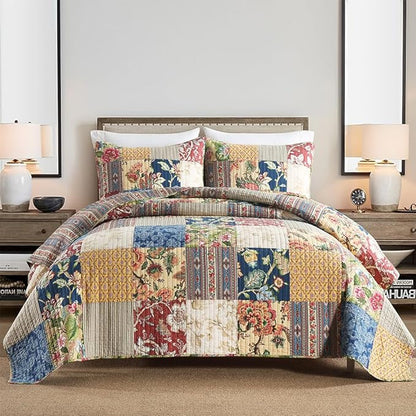 Cotton Bedspread Quilt Sets Reversible Bedding Coverlet Sets 3 Pieces Gorgeous Rustic Vintage Floral Red Yellow Patchwork Bedspread, Queen Size