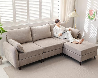 104'' Modular Sectional Sofa with Seats Storage,Oversized L Shaped Couch with Deep Seat,3-Seater Comfy Cloud Couches for Living Room, Movable Ottoman,Chenille,Khaki