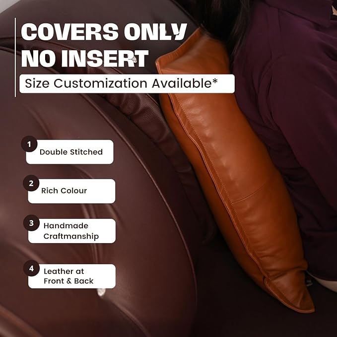 D DOLLY LAMB Lambskin Leather Pillow Cover - Sofa Cushion Case - Decorative Throw Covers for Living Room & Bedroom, 14x14 Inches - Camel Antique Box