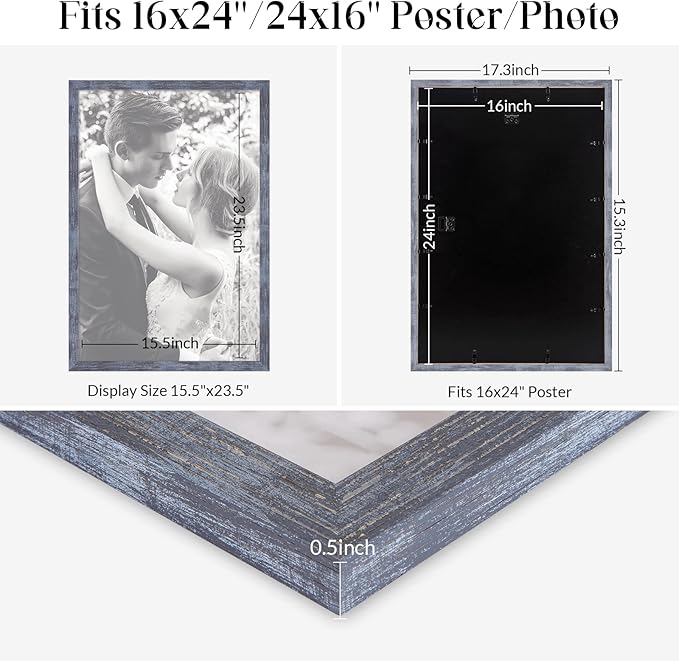 16x24 Frame Natural Blue, Rustic 24x16in Picture Frame, Distressed Navy Blue 40x60cm Photo Frame, Large 16 by 24 Canvas Painting Poster Frame, Anniversary/Birthday/Wedding/Thank you/Christmas Gift