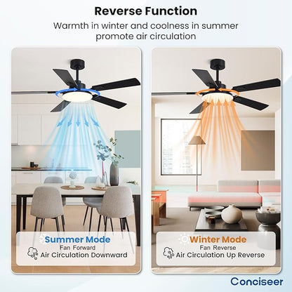 52 Inch Ceiling Fans with Lights and Remote for Bedroom Living Room Kitchen Office, Indoor/Outdoor Use, 5CCT Dimmable, 5 Blades, 6 Speed Reversible Quiet DC Motor, Black/Wood Grain