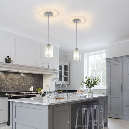 Chrome Pendant Lights, 2 Pack Modern Crystal Hanging Pendant Light Fixtures, Mini Crystal Island Lights for Kitchen Island, Dining Room, Hallway, Foyer, Entryways