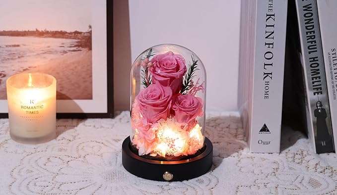 Forever Flowers Gifts for Women,Preserved Roses in Glass Dome, Eternal Flowers for Delivery Prime, Real Pink Roses Anniversary Valentines Day Christmas Birthday Gifts for Mom Grandma Wife