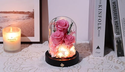 Forever Flowers Gifts for Women,Preserved Roses in Glass Dome, Eternal Flowers for Delivery Prime, Real Pink Roses Anniversary Valentines Day Christmas Birthday Gifts for Mom Grandma Wife