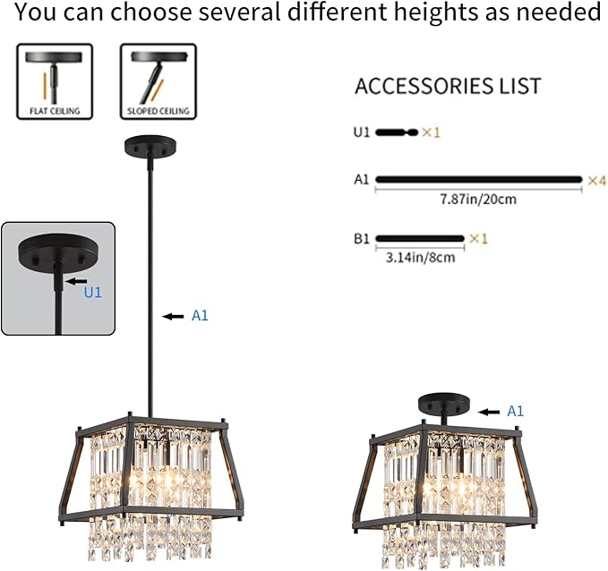 LMQNINE Farmhouse Chandelier - Black Metal Crystal Pendant Light for Kitchen, Dining Room, Living Room - Flat & Inclined Ceiling (Trapezoid -11.81in)