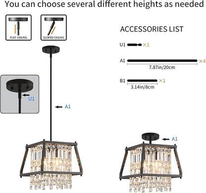 LMQNINE Farmhouse Chandelier - Black Metal Crystal Pendant Light for Kitchen, Dining Room, Living Room - Flat & Inclined Ceiling (Trapezoid -11.81in)