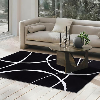 YIHOUSE Modern Washable Area Rug for Living Room Bedroom - Large Abstract Black and White Rug Non-Slip Ultra-Thin Home Decor (Dark Curve, 5'x7'ft)
