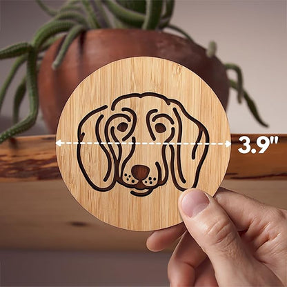 Set of 6 Bamboo Laser-Engraved Fun Dog Coasters with Iron Holder - Gift Packaging 3.9 Inch Non-Stick Absorbent Durable and Unbreakable Wooden Cup Coasters for Dog Lovers (Dachshund)