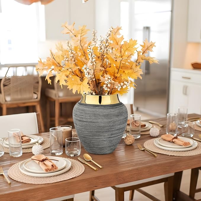 Rustic Ceramic Vase with Gold Rim – 9.4" Decorative Flower Vases for Living Room, Dining Table Centerpiece & Shelf Décor – Modern Farmhouse, Boho & Contemporary Home Accents