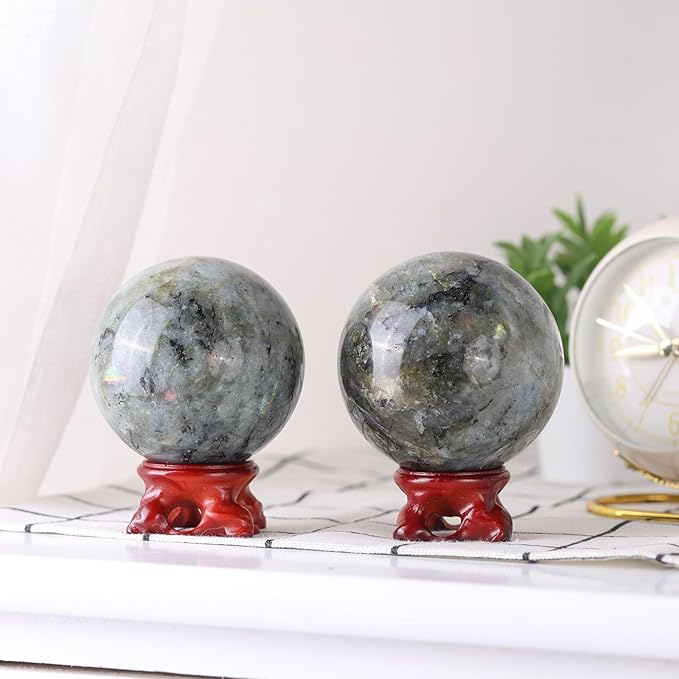 mookaitedecor Natural Labradorite Crystal Ball with Resin Stand, Decorative Stone Sphere Ball for Feng Shui Meditation Divination Home Decor, 2.4-2.76 Inch (61-70 mm)