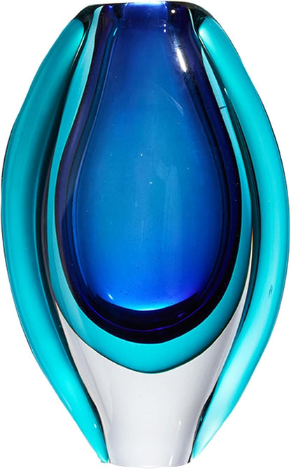 Luxury Lane Hand Blown Sommerso Oval Art Glass Vase for Decor 8.5 inch Tall Centerpiece Table Decoration London Blue