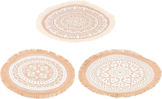 Wakauto Mandala Round Placemat Set 3Pcs, Heat-Resistant Jute Fabric Table Mats Tassels, Woven Farmhouse Dining Table Decor for Kitchen and Everyday Use