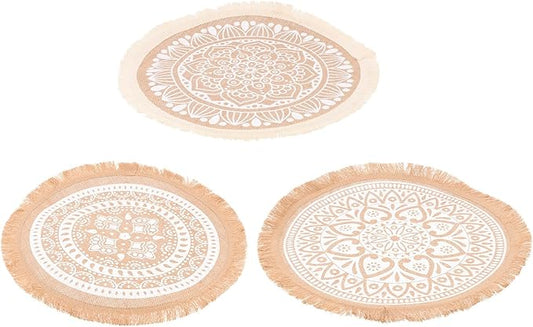 Wakauto Mandala Round Placemat Set 3Pcs, Heat-Resistant Jute Fabric Table Mats Tassels, Woven Farmhouse Dining Table Decor for Kitchen and Everyday Use