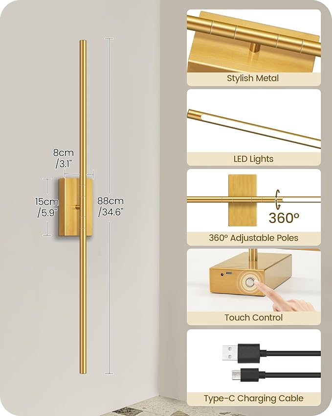 34.6" Wireless Battery Operated Wall Sconces Set of Two,Rechargeable Lamp with Remote, 360° Rotation, 10000mAh Battery, Touch Dimmable Lights for Living Room Hallway Bedroom, Gold D05YBP205