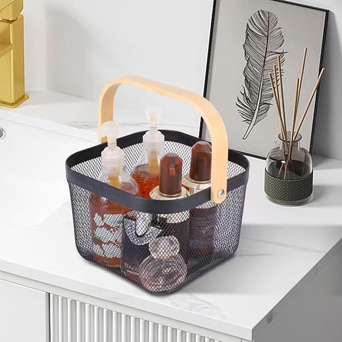 Metal Mesh Wire Basket, Large Steel Basket with Wooden Handle Storage Organizer Basket Multi-functional Hanging Kitchen Baskets Fruit Baskets for Kitchen Bathroom Cabinet Pantry Snacks, Black