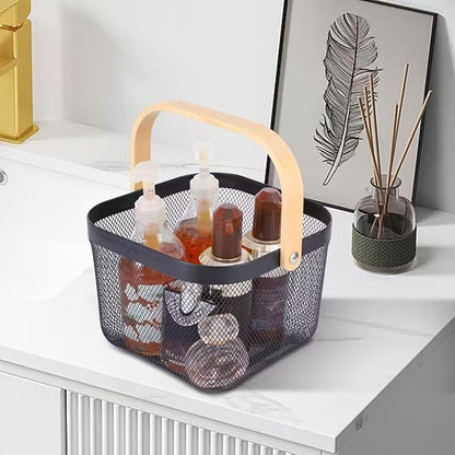Metal Mesh Wire Basket, Large Steel Basket with Wooden Handle Storage Organizer Basket Multi-functional Hanging Kitchen Baskets Fruit Baskets for Kitchen Bathroom Cabinet Pantry Snacks, Black