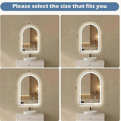 Sweetcrispy 24"×36" LED Bathroom Mirror with Lights, Arched Vanity Mirror with Anti-Fog, Dimmable, 3-Color Light, Memory Function, Tempered Glass