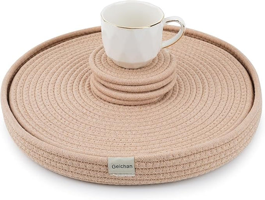 Woven Cotton Rope Round Placemats Set of 9 Pcs with Holder Included, Handmade Boho Woven Place mats,Hot Pads for Kitchen,Farmhouse Place Mats for Dining Tables Trivets for Hot Dishes