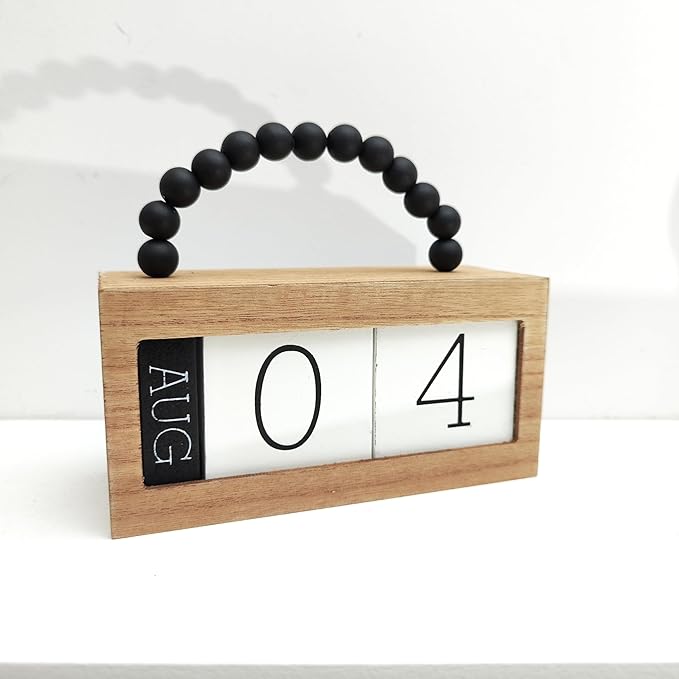 Wooden Perpetual Calendar for Desk, Metal Wood Month Date Display for Teachers, Students, Classroom, Rustic Farmhouse Office Decor, Desk Accessories (Black wood beads)