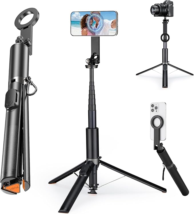 Magnetic Phone Tripod,76" Auto-Open Phone Stand with Metal Ring & Rechargable Remote,Portable Selfie Stick with Magnetic Holder for Magsafe,360°Rotatable Phone Stand Travel for iPhone/Android/Camera