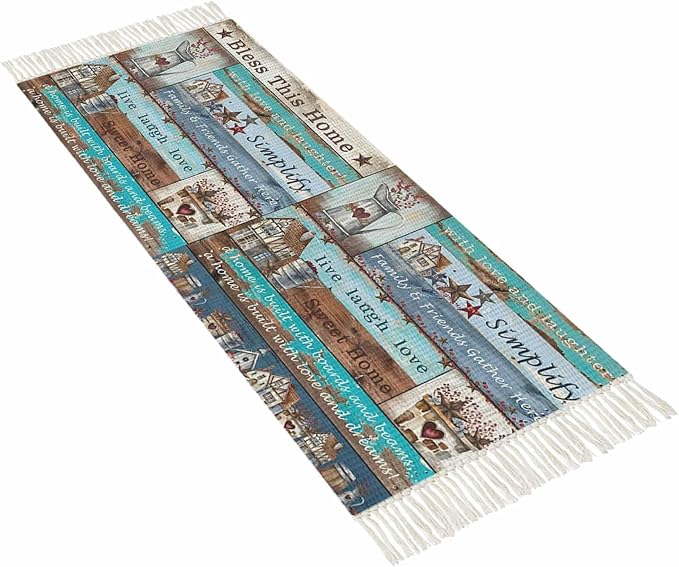 Turquoise Blue Brown Runner Rug 2X4 Ft Entryway Outdoor Indoor Mat, Washable Woven Vintage Barn Rustic Cabin Throw Carpet with Tassel, Non-Shedding Country Star Farm Wooden Plank Hallway Bath Mats