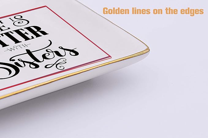 Life Is Better With Sisters - Ceramic Jewelry Holder Ring Dish Trinket Tray - Birthday, Christmas, Anniversary & Valentine Gift for Her & Sister-in-Law