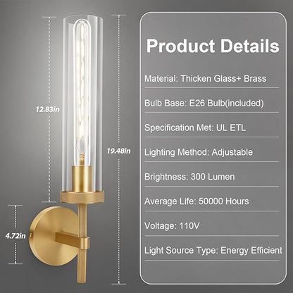 Brass Wall Sconces Set of Two with White Lights, 19.48'' Brushed Brass Knurled Bathroom Sconces Wall Lighting Vanity Light with Clear Glass for Living Room Mirror Bedroom Stairs