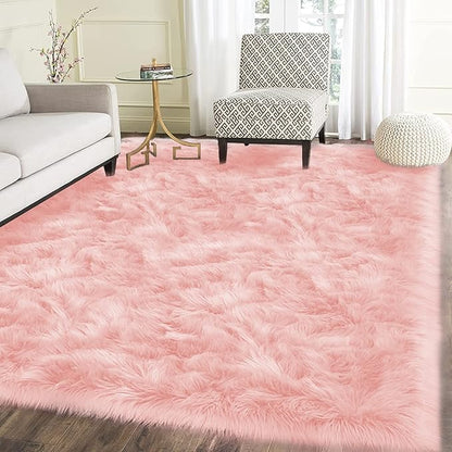 Latepis 5x7 Pink Fluffy Rug for Living Room Faux Sheepskin Fur Rugs Washable Area Rug Bedroom Shaggy Rugs for Sofa Floor for Grils Dorm Room Décor Pink Room Accessories