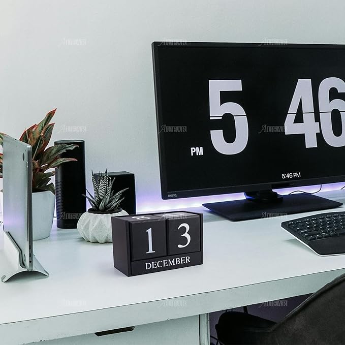 AUEAR, Wooden Block Perpetual Desk Calendar Desktop Cube Rustic Chic Number for Home Office Decoration Large (Black)