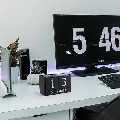 AUEAR, Wooden Block Perpetual Desk Calendar Desktop Cube Rustic Chic Number for Home Office Decoration Large (Black)