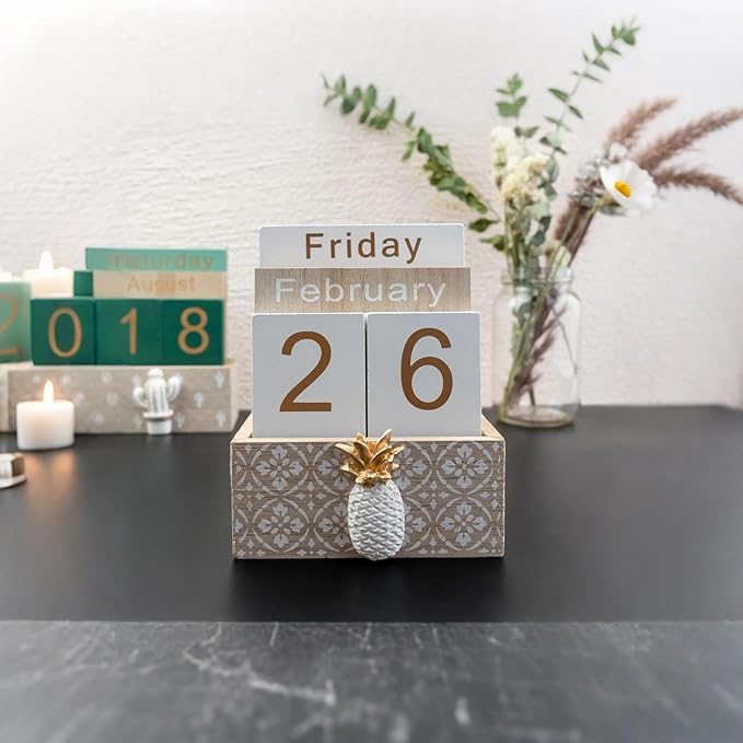 Notakia Vintage Wood Block Perpetual Calendar Month Week Date Display for Home Office Desk Rustic Decoration, Brown pineapple