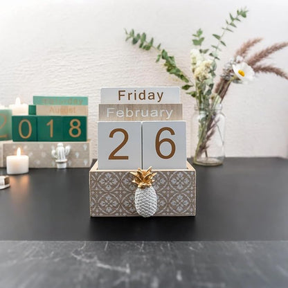 Notakia Vintage Wood Block Perpetual Calendar Month Week Date Display for Home Office Desk Rustic Decoration, Brown pineapple