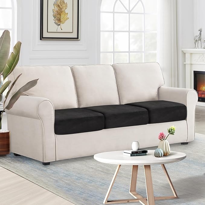 NAISI Couch Cushion Covers 3 Pieces Velvet Stretch Sofa Seat Covers or Backrest Covers Soft Individual Couch Covers for Sectional Sofa(3 Pcs for 3-Seat Cushion,Black)