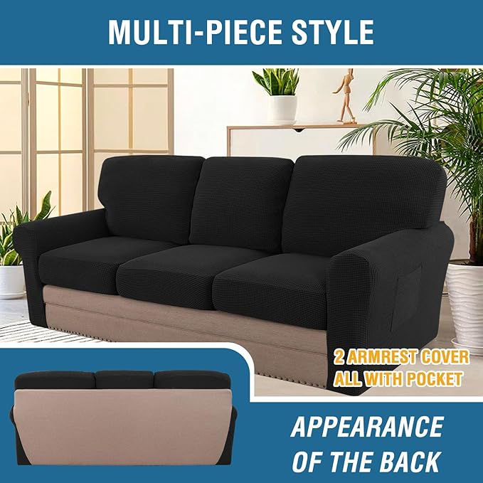 H.VERSAILTEX Multi-Pieces Sofa Covers Stretch Couch Covers Form Fitted Seats and Back Cushions Covers (3 Seat Covers Plus 3 Back Cusion Covers, Bonus 2 Armrest Covers), Black