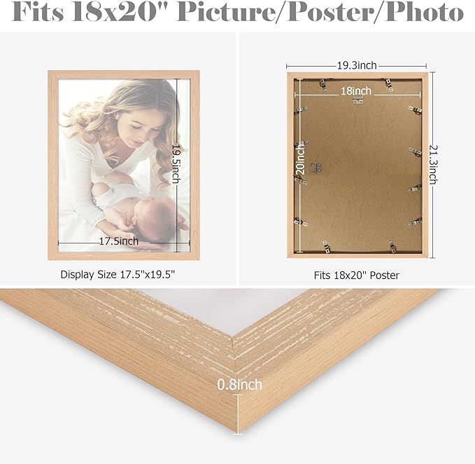 18x20 Frame Natural Woodgrain, 20x18 Picture Frame Beige, Rustic Poster Frame, Large 18 by 20 Gallery Family Concert Portrait Photo Frame Anniversary/Birthday/Wedding/Thank you/Christmas Gift