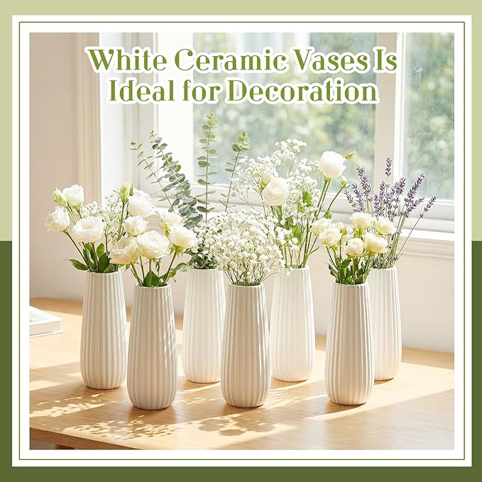 Qinyoung White Ceramic Bud Vase Set of 8, 8'' Small White Flower Vase for Centerpieces Floral Decor for Wedding Party Dining Table Home Decoration(Minimalist)