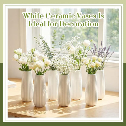 Qinyoung White Ceramic Bud Vase Set of 8, 8'' Small White Flower Vase for Centerpieces Floral Decor for Wedding Party Dining Table Home Decoration(Minimalist)