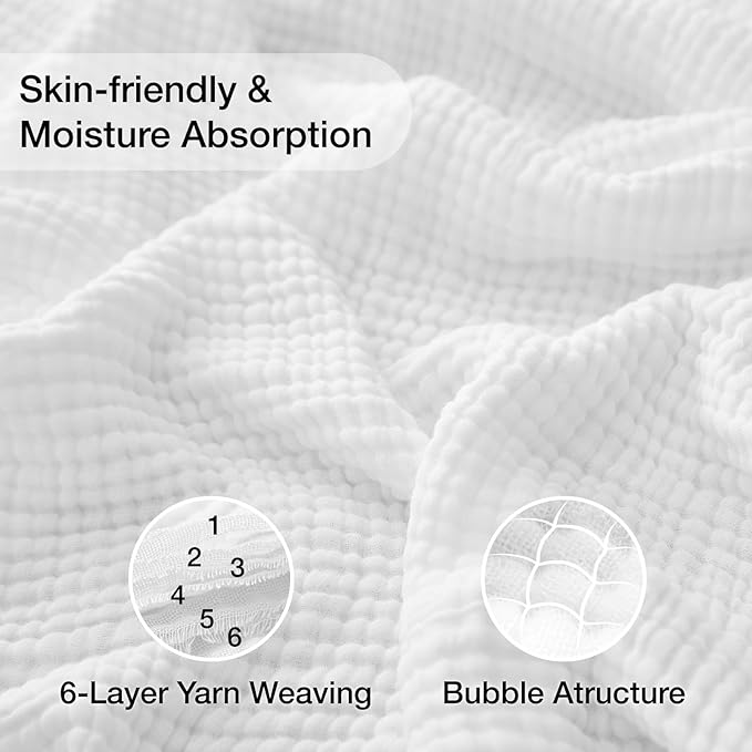 100% Cotton Muslin Blanket Queen 90" x 90", 6 Layers Breathable and Lightweight Cotton Throw Blanket for Bed, Soft Quilt Bedspread Coverlet, Gauze Blanket for Adults All Season, White